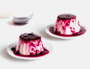 Creamy dessert Panna cotta, milk jelly with currant berry sauce