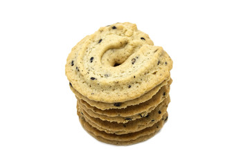 Biscuit with black sesame and honey flavored. A stack of crunchy delicious sweet meal and useful cookies. Isolated on white background.