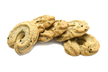 Biscuit with black sesame and honey flavored. A stack of crunchy delicious sweet meal and useful cookies. Isolated on white background.