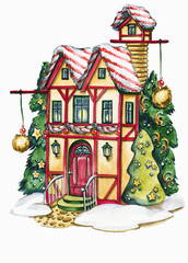Fairytale house hand drawn watercolor illustration. Fabulous hut facade surrounded by decorated New Year trees