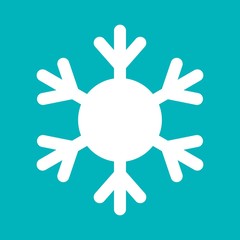 Snowflake sign. White Snowflake icon isolated on blue background. Snow flake silhouette. Symbol of snow, holiday, cold weather, frost.