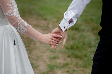 Happy bride and groom holding hands and walking in garden wedding day. Back view of charming stylish newlyweds holding hands while walking in park forest, happy marriage moments