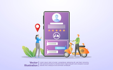 Online transportation concept. People order transportation through the mobile app. Order food online. City transportation services. Can use for web landing page, flyer, mobile app. Vector Illustration