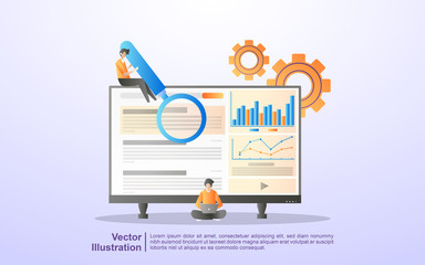 SEO Optimization concept. SEO marketing company, SEO result optimization, SEO Ranking. Can use for web landing page, banner, flyer, mobile app. Vector Illustration