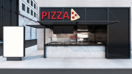 Front view Pizza shop & Restaurant design. Modern minimal metal black. wall concrete,windows black metal frame- 3D render