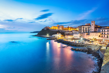 Marina of Piombino blue hour view from piazza bovio.Tuscany Italy