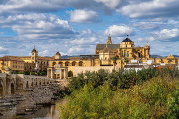 Fototapeta na wymiar Mosque-Cathedral and the Roman Bridge in Cordoba, Andalusia, Spain