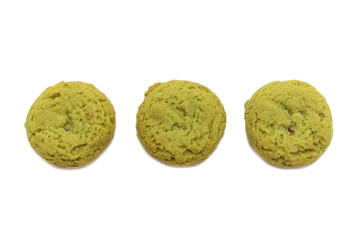 Soft cookies green tea flavored filled with chocolate cream isolated on white background.