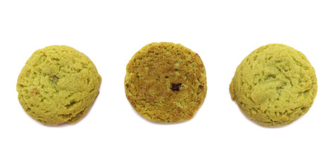 Soft cookies green tea flavored filled with chocolate cream isolated on white background.