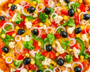 Fototapeta na wymiar vegetarian pizza texture. raw ingredients tomato pepper onion corn broccoli cauliflower
