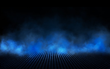 Empty dark room, brick wall and concrete floor. Empty building scene. Blue neon light. Dark empty...