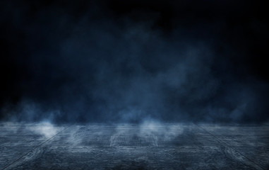 Empty dark room, brick wall and concrete floor. Empty building scene. Blue neon light. Dark empty...