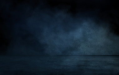 Empty dark room, brick wall and concrete floor. Empty building scene. Blue neon light. Dark empty scene, blue neon searchlight light, wet asphalt, smoke, night view, rays.