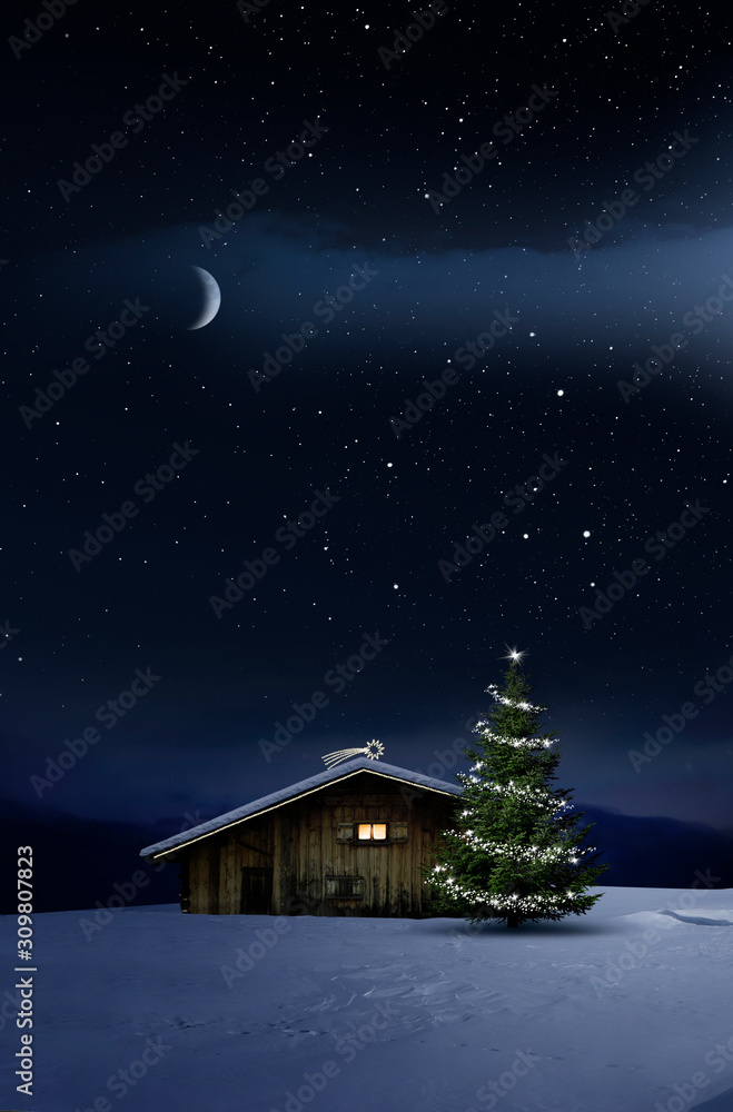 Poster Weihnachtlich beleuchtete Hütte in Kalter Winternacht mit Sternenhimmel und Christbaum