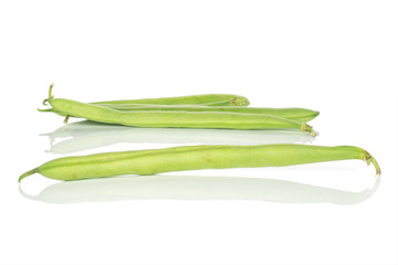 Group of three whole snap green bean isolated on white background