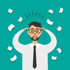 Stress at work. Vector stressed businessman with a headache. Tired man holds head having migraine. Worried man. 