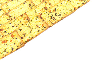 Thin biscuit with veggies flavored isolated on white background. Copy space.