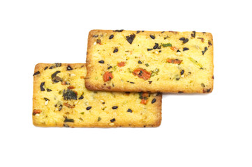 Thin biscuit with veggies flavored isolated on white background.