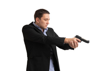 Naklejka premium one man killer policeman aiming gun silhouette Studio white background