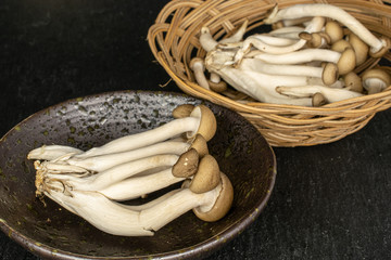 Lot of whole shimeji brown mushroom in round rattan bowl in glazed bowl on grey stone