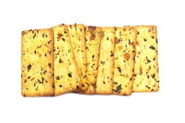 Thin biscuit with veggies flavored isolated on white background.