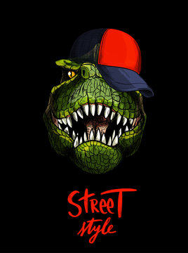 T-rex in red cap, hand written STREET STYLE below