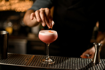 Fototapeta na wymiar Close up of bartender decorating alcohol cocktail