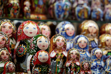 Russian nesting dolls in the souvenir shop. Traditional wooden matryoshka dolls