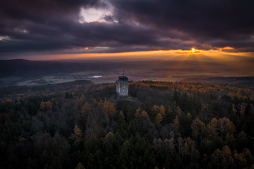 Fototapeta na wymiar Radyne Castle is a castle situated on a hill of the same name, near the town of Stary Plzenec, in the Pilsner Region of the Czech Republic. Radyne, like the similarly conceived Kasperk.