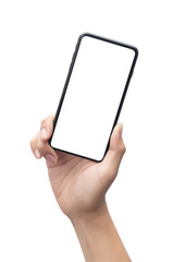Male hand holding the black smartphone with blank screen isolated on white background with clipping path.
