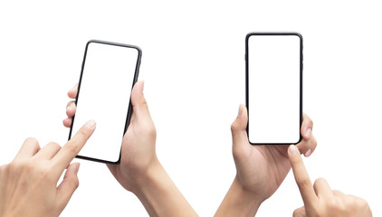 Set of Male hand holding the black smartphone and touching on blank screen isolated on white background with clipping path.