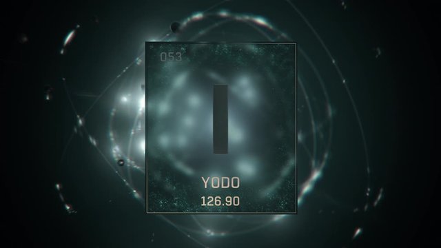 Iodine as Element 53 of the Periodic Table. Seamlessly looping 3D animation on green illuminated atom design background with orbiting electrons. Name, atomic weight, element number in Spanish language