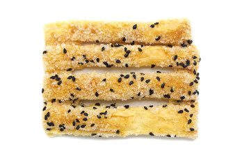 Pie or Bread stick with black sesame isolated on white background.