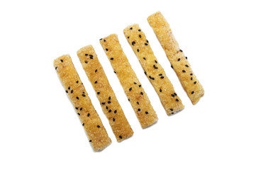 Pie or Bread stick with black sesame isolated on white background.