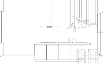 Sketch of a stylish modern kitchen interior with a breakfast bar and a chandelier. Front view. 3d illustration