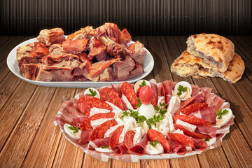 Garnished Welcome Appetizer Savory Dish and Fresh Spit Roasted Pork Meat with Pita Bread On Bamboo Lathed Backdrop