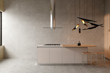 Stylish modern kitchen interior with a breakfast bar and a chandelier. Front view. 3d illustration