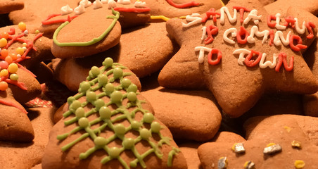 Homemade Christmas cookies decorated by kids.