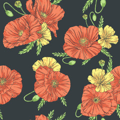 Poppies seamless pattern dark background