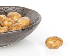 Lot of whole tiramisu brown almond nut in glazed bowl isolated on white background