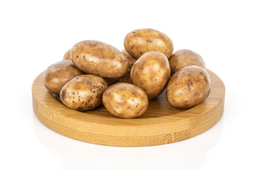 Lot of whole tiramisu brown almond nut on round bamboo coaster isolated on white background