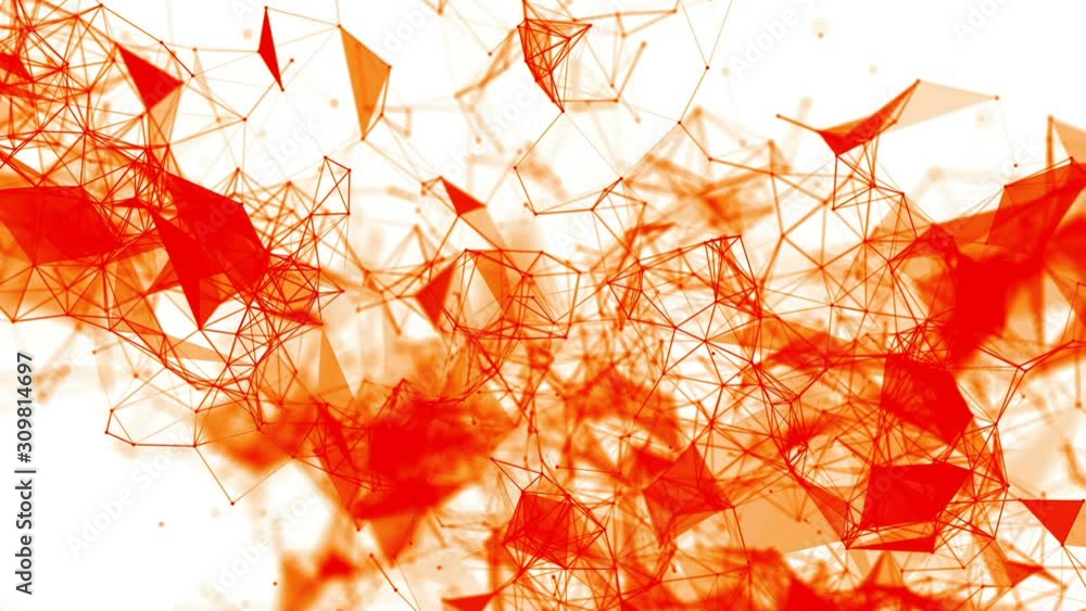 Poster orange particles interconnected, slowly moving on a white background. abstract animated background. 