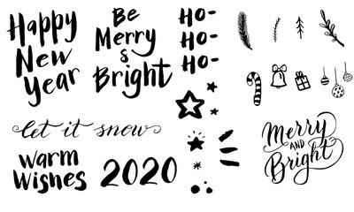 Happy new year set. Black and white isolated new year, merry and bright, let it snow, hohoho, warm wishes greeting typography quotes and design elements. Vector eps 10.