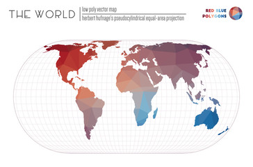 Polygonal world map. Herbert Hufnage's pseudocylindrical equal-area projection of the world. Red Blue colored polygons. Elegant vector illustration.