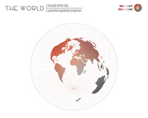Polygonal world map. Azimuthal equidistant projection of the world. Red and grey colored polygons. Amazing vector illustration.