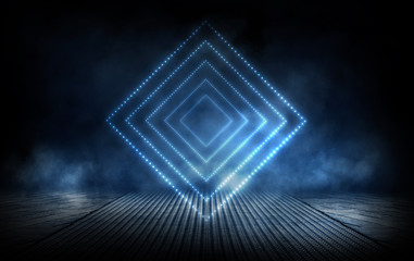 Obraz premium Empty dark scene. Abstract blue background with rays and lines. Blue neon light spotlights. Abstract light, background. Reflection of light in the dark.