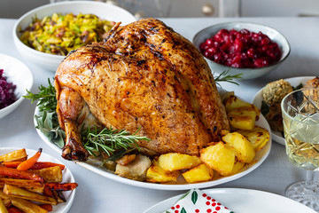 Christmas dinner with roast turkey crown and vegetables