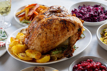 Christmas dinner with roast turkey crown and vegetables