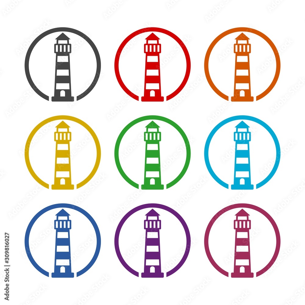 Poster lighthouse tower color icon set isolated on white background