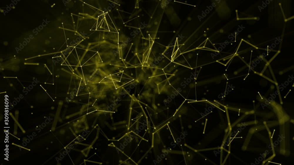Poster yellow particles interconnected, slowly moving against a black background. abstract animated backgro
